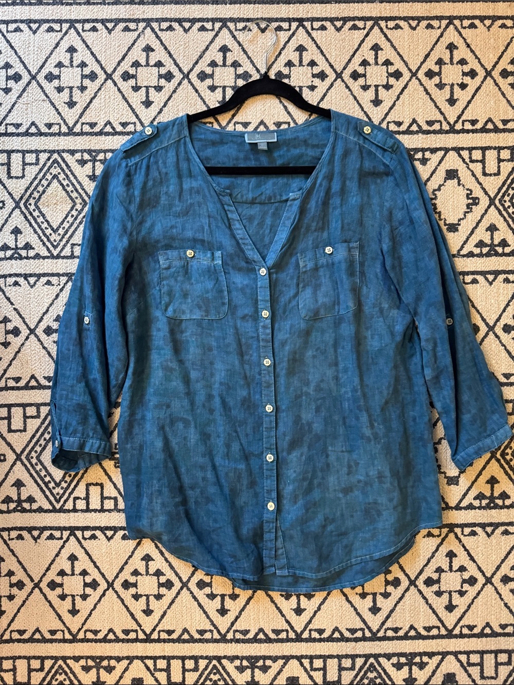 JM Collection Indigo Dyed Button-Front Linen V-Neck Tunic Shirt 12
